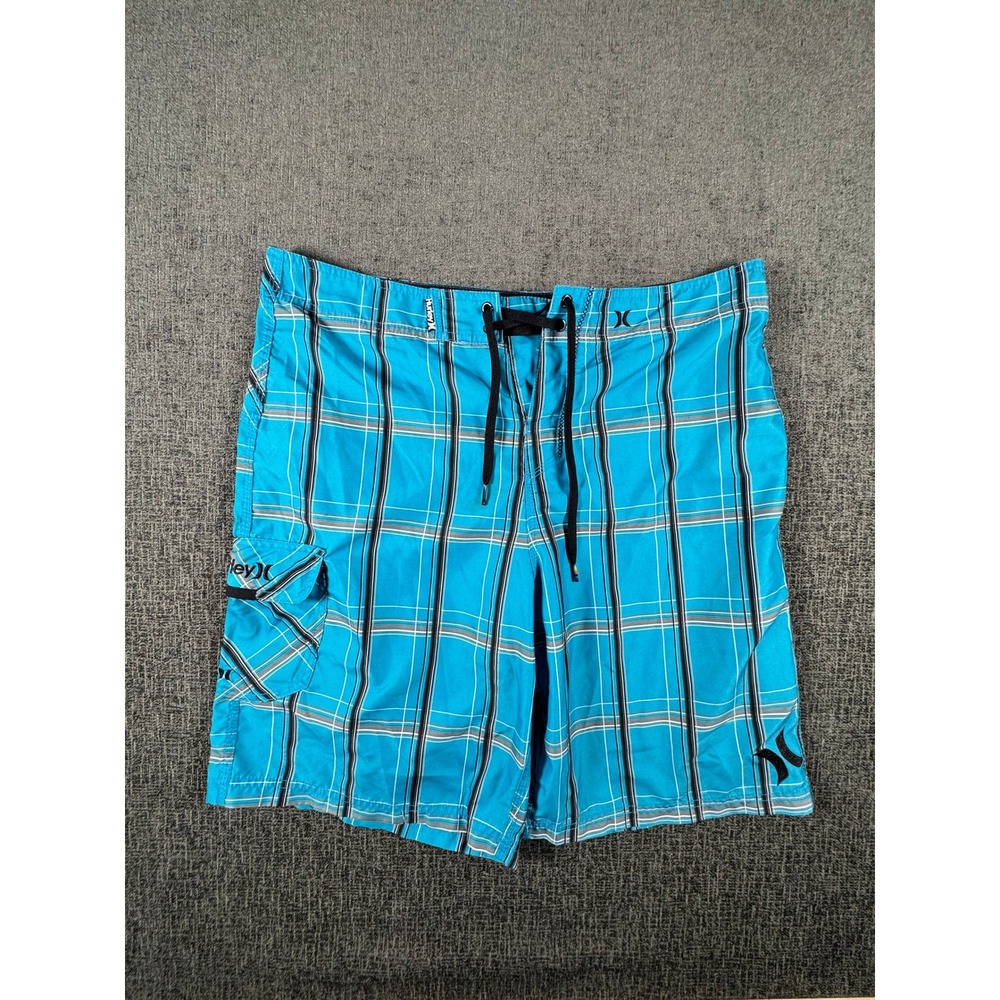 Hurley Mens Blue Plaid Board Shorts Swim Trunks‎ Size 34 Cargo Pocket